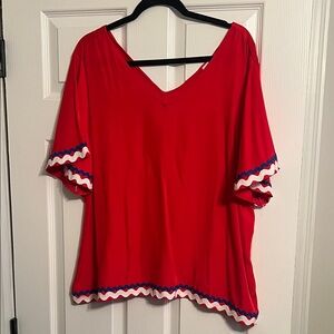 Jess Lea brand Red V-Neck Women's Top with Zigzag Trim